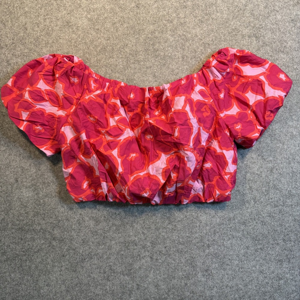 Banana Republic Floral Crop Top Large Pink Red Cotton Modal Puff Sleeve